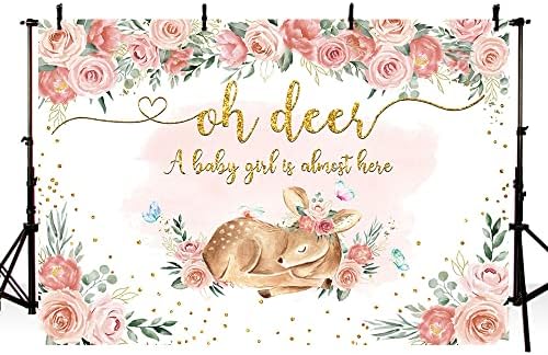MEHOFOND Oh Deer Baby Shower Backdrop Pink Floral Girls Woodland Baby Shower Photo Background Greenery Glitter