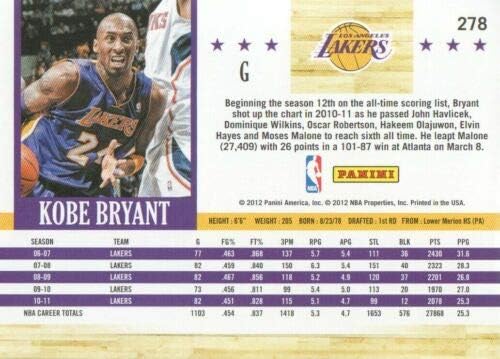 Kobe Bryant 2011 2012 Hoops košarka serija Mint Card 278 Prikaz ovog Los Angelesa Lakers Star u svom ljubičastom