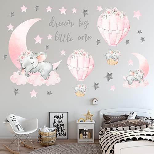 Dream Elephant Wall Stickers Pink Moon Hot Air Balloon Grey Stars Wall Decals Hot Air Balloon zidni ukrasi