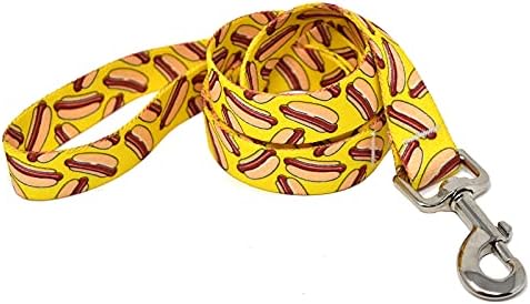 Žuti dizajn pasa Hot Dogs Coupler pas povodac 3/8 širok i 9 u 12 dugačak, mali
