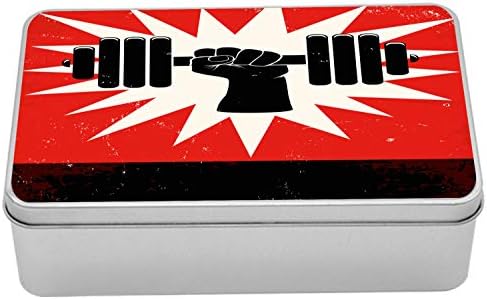AMBESONNE FITNESS TIN kutija, Grunge Prikaz ručnog podizanja Dumbbell Effect Workout Vintage Design, prenosivi