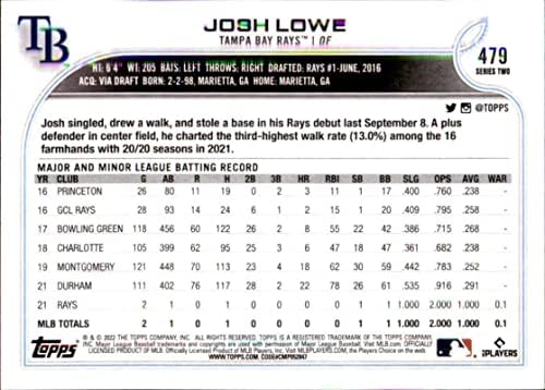 2022 TOPPS 479 Josh Lowe NM-MT RC Rookie Rays