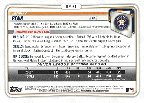 2020 Bowman perspektiva Baseball BP-61 Jeremy Pena Pre-Rookie kartica - 1. bowman kartica