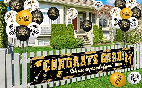 Diplomski Baner 2023 Za dvorište, veliki čestitke Gradski baner za diplomirane dekoracije, uključuje 32 balona i 2 rolne trake, crno zlato i bijelu