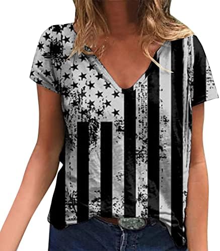 4th of July Shirts for Women Casual Summer američka zastava T-Shirt kratki rukav V-izrez Stars Striped Patriotska bluza Top
