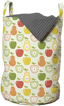 Ambesonne voćna torba za veš, šarene crtane jabuke i kruške uz uzorak malih listova u geometrijskom dizajnu, korpa za korpe sa ručkama zatvaranje Vezica za pranje veša, 13 x 19, višebojna
