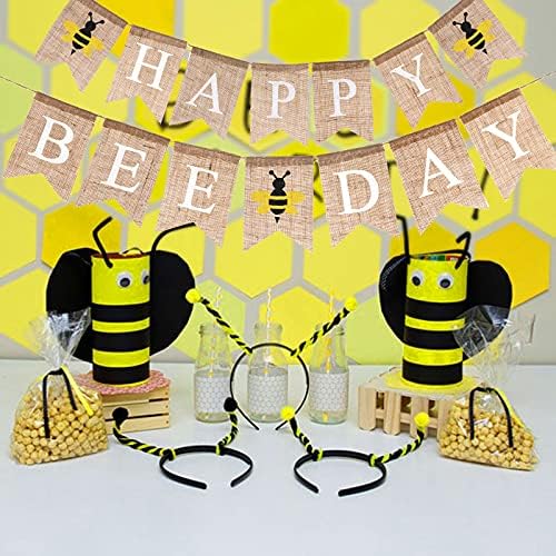 Howaf Jute Burlap Happy Bee Day Banner, Happy Bee Day for 1st Birthday - Bumblebee Birthday Party dekoracija,