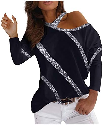 Dugi rukav labav hladno hladnoj šupljinu košulju za ženske sjajne trake V vrat patchwork vrhovi