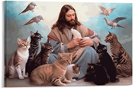 GUMEGE Isus i mačka-Bog je rekao da ste Isus Hrist Slika Slika Art Print platneni zid Kućni dnevni boravak
