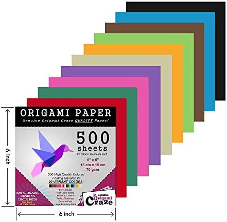Origami Craze Paper 500 listova, vrhunskog kvaliteta za umjetnost i zanat, 6-inčni kvadratni listovi, 20