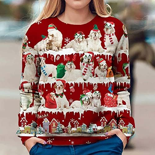 Ženska božićna crvena tiskana majica s dugim rukavima Ležerna labava bluza vrhovi novih ljubimca psa Lover