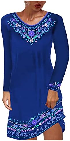 NOKMOPO džemper haljina za žene ženska Retro štampa Dew ramena V-izrez Dugi rukav stil Casual haljina