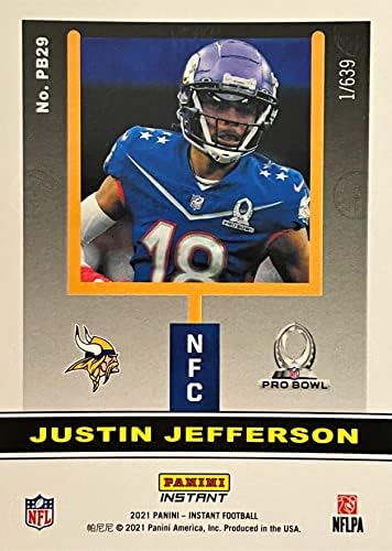 Justin Jefferson 2021 Panini Instant Authentic Pro Bowl Football Card ograničen na samo 639 kartica! - Minnesota