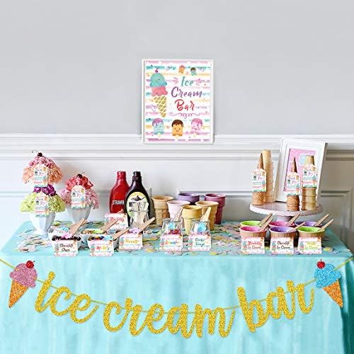 Ice Cream Bar Decorations Kit Gold Glitter Banner Ice Cream Sundae bar table Sign food Shators Labels Thank You Cards Tags For Summer Ice Cream Birthday Party Supplies