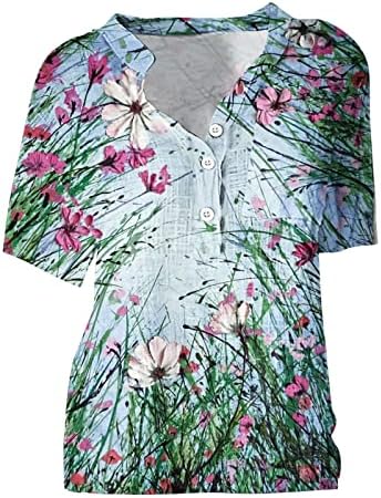 Ženske ručke hlače Ženska dugmeta do kat pamučne i posteljine kratkih rukava od tiskane cvjetne bluze s džepom