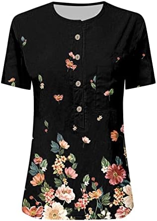 Ljeto gumb dolje majice za žene, ženska casual modna pamučna posteljina tiskana majica labav bluza s kratkim