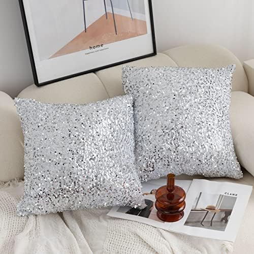 Ligicky set od 2 srebrnog bijelog sjajnog bacanja jastuk za bacanje plišavih ukrasnih gljiva metalik kvadratni