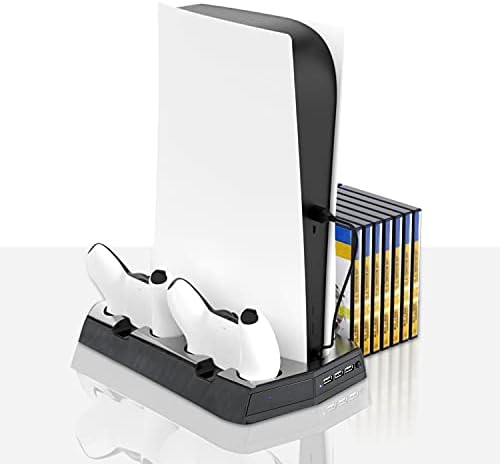 Wasserstein 3-u-1 Sony Playstation 5 vertikalni stalak za hlađenje sa stanicom za punjenje Dualsense kontrolera, ventilatorom za hlađenje i memorijom Video igara kompatibilnim sa PS5 / PS5 digitalnom konzolom za izdanje