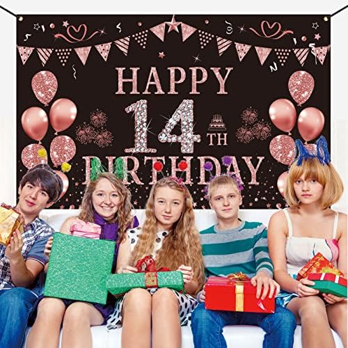 Trgowaul Happy 14. rođendan ukrasi za djevojčice - ružičasta ruža zlato 14 rođendan Backdrop banner, četrnaestogodišnja
