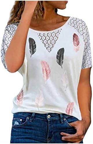Ženski pero zakrpa za bluze za bluzu za srce grafički vrhovi košulje kratkih rukava Crewneck Clace Spandex