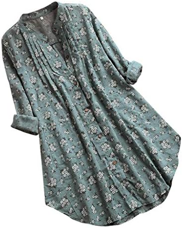 Floralne majice za žene gumb s dugim rukavima tunik s dugim rukavima sa džepovima sa naboranim majicama