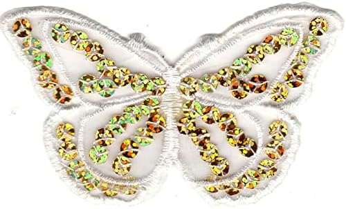 Leptir bijeli W // Zlatni šljokice slojeviti gvožđe na izvezenim leptirima zakrpa