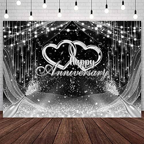 AIBIIN 10x7ft crna i srebrna Happy Anniversary Backdrop Silver Glitter Wedding Anniversary Bridal Shower