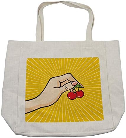 Ambesonne Fruit torba za kupovinu, Retro Pop Art ruka koja drži par dizajna skica trešanja na žutoj pozadini,