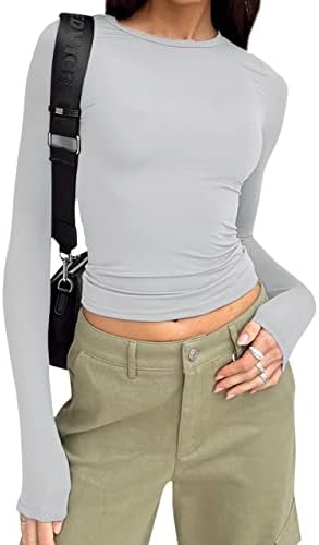MissicIver Women Workout Crewneck Dugi rukav Yoga Osnovna majica Casual Atletic Stretch Slim Fit Solid Tee