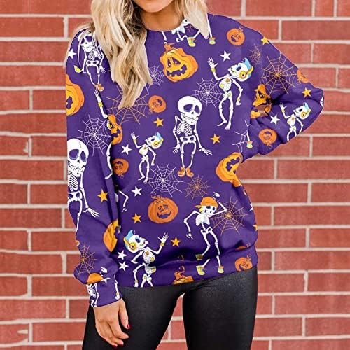 Beuu Halloween majice za žene skeleton Printshirtshirts Dukseri Dukseri Ležerne prilike Crew izrez dugih