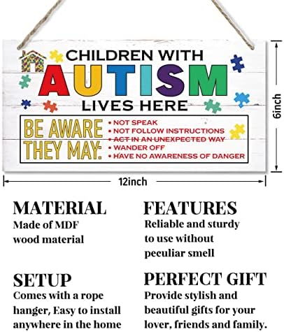 Djeca sa autizmom Živi ovdje se potpisuje, viseći drveni znak za automatsko drvo zida umjetnina znaka, šareni znak za podizanje autizma, autistična podrška ukrasna ploča, prozor autizma 12 * 6inch