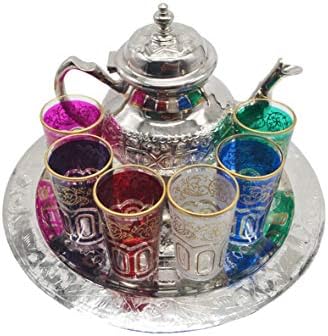 Marokanski čajnik, čajnik 80 ml, ravna ladica 30 cm i 6 obojene šalice