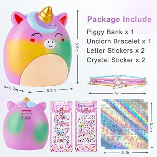 Djevojke Piggy Bank, Jedinstvena svinja za djecu za djecu neraskidivu monu novca Banka Slatka banka sa naljepnicama / jednorog narukvica poklon set, duga