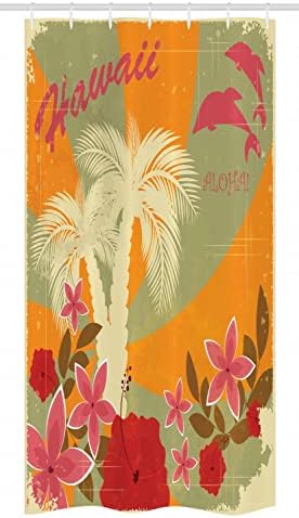 Ambesonne Hawaiian zavjesa za tuširanje, Aloha Vintage Print Šareni vrtložni poklopac DOLPHINS dlabovi cvijeće,