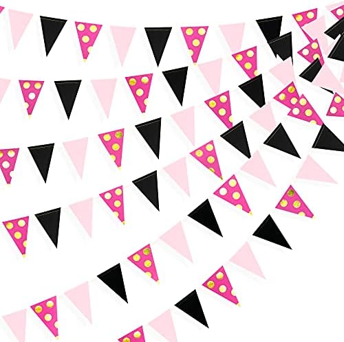 32ft Rose Hot Pink Crna zastavica Banner tkanina trougao Zastava pamuk Bunting Garland za Minnie Mouse rođendan