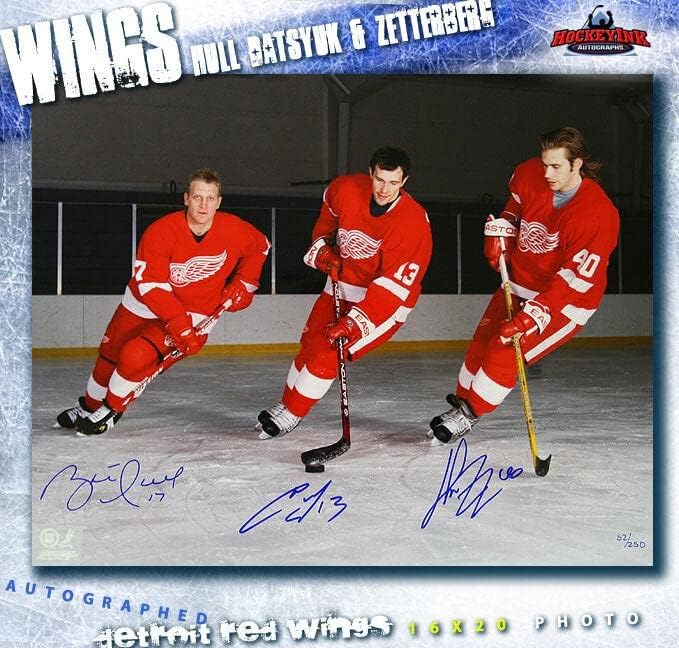 Brett Hull, Pavel Datsyuk, & Henrik Zetterberg potpisan Detroit 16x20 Photo -skate - autogramirane NHL fotografije